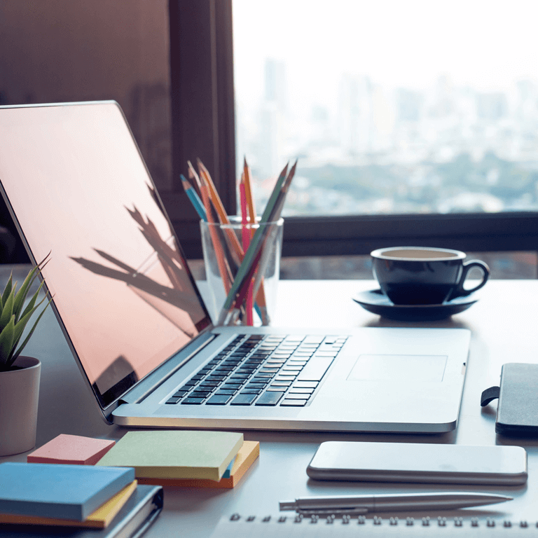 Ein Schreibtisch, auf dem ein Laptop, Handy, Stifte , Notizblöcke und eine Tasse Kaffee steht. Der Schreibtisch steht vor einem Fenster.